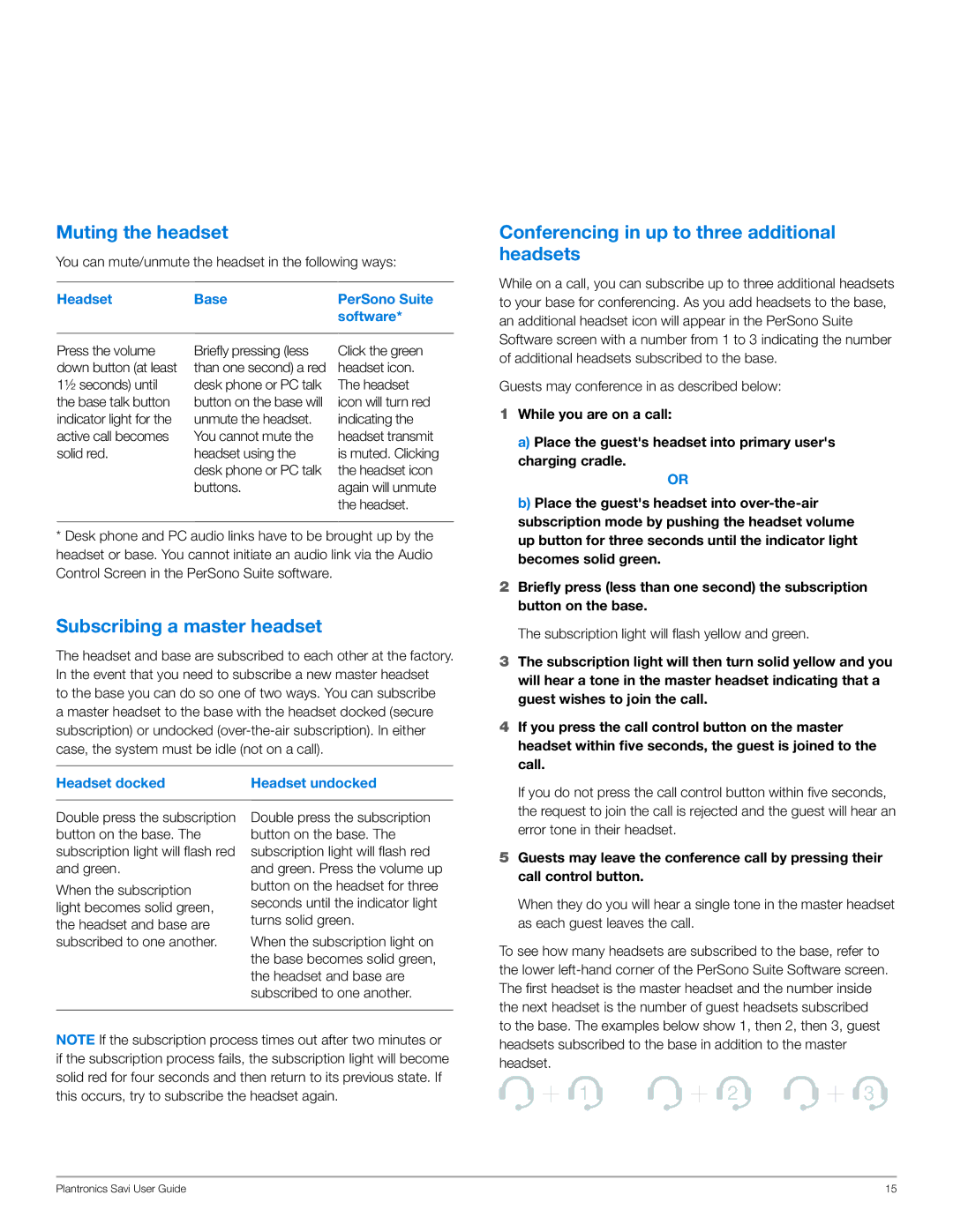 Plantronics WO200 manual Muting the headset, Conferencing in up to three additional headsets, Subscribing a master headset 