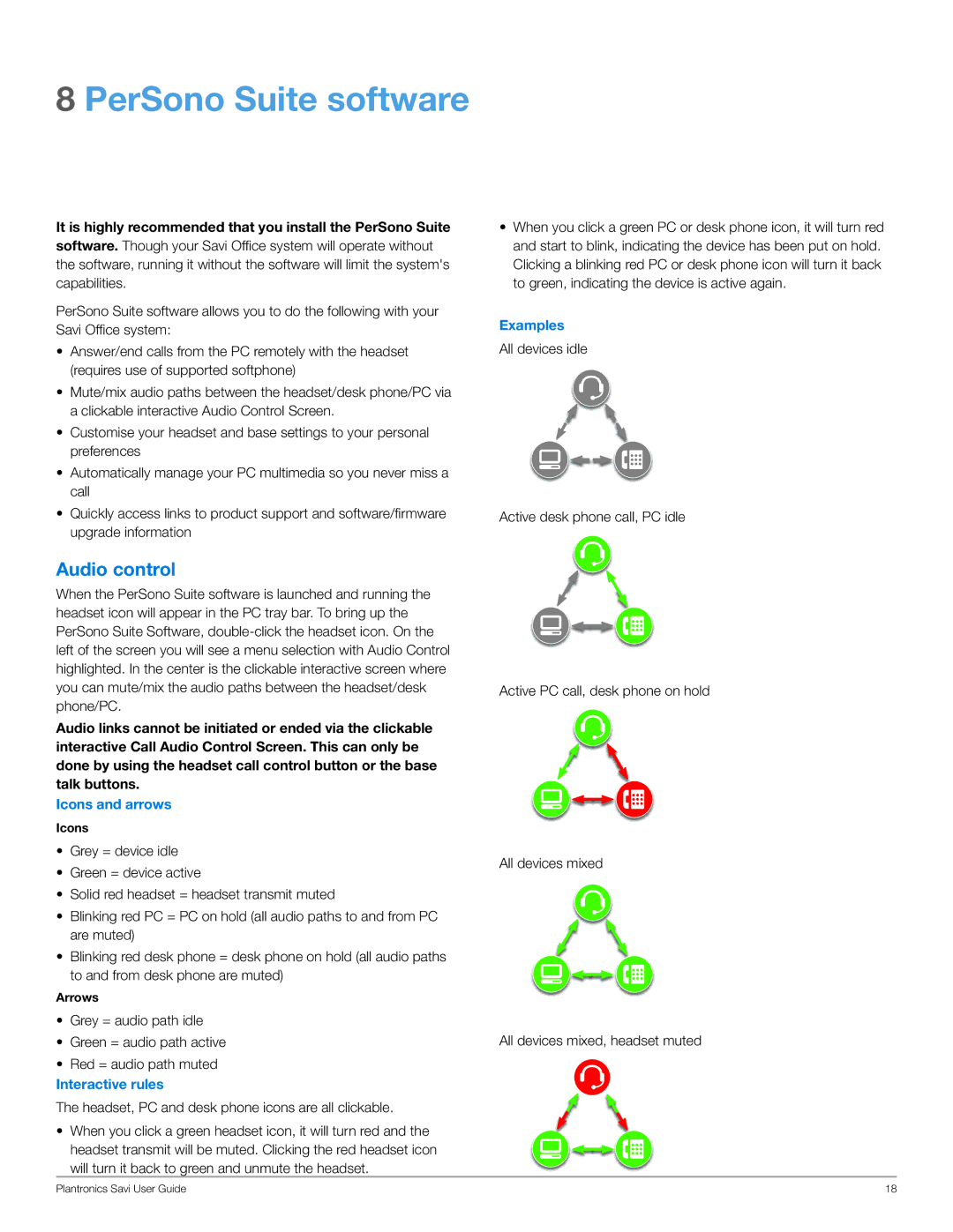 Plantronics WO200 manual PerSono Suite software, Audio control, Icons and arrows, Interactive rules, Examples 