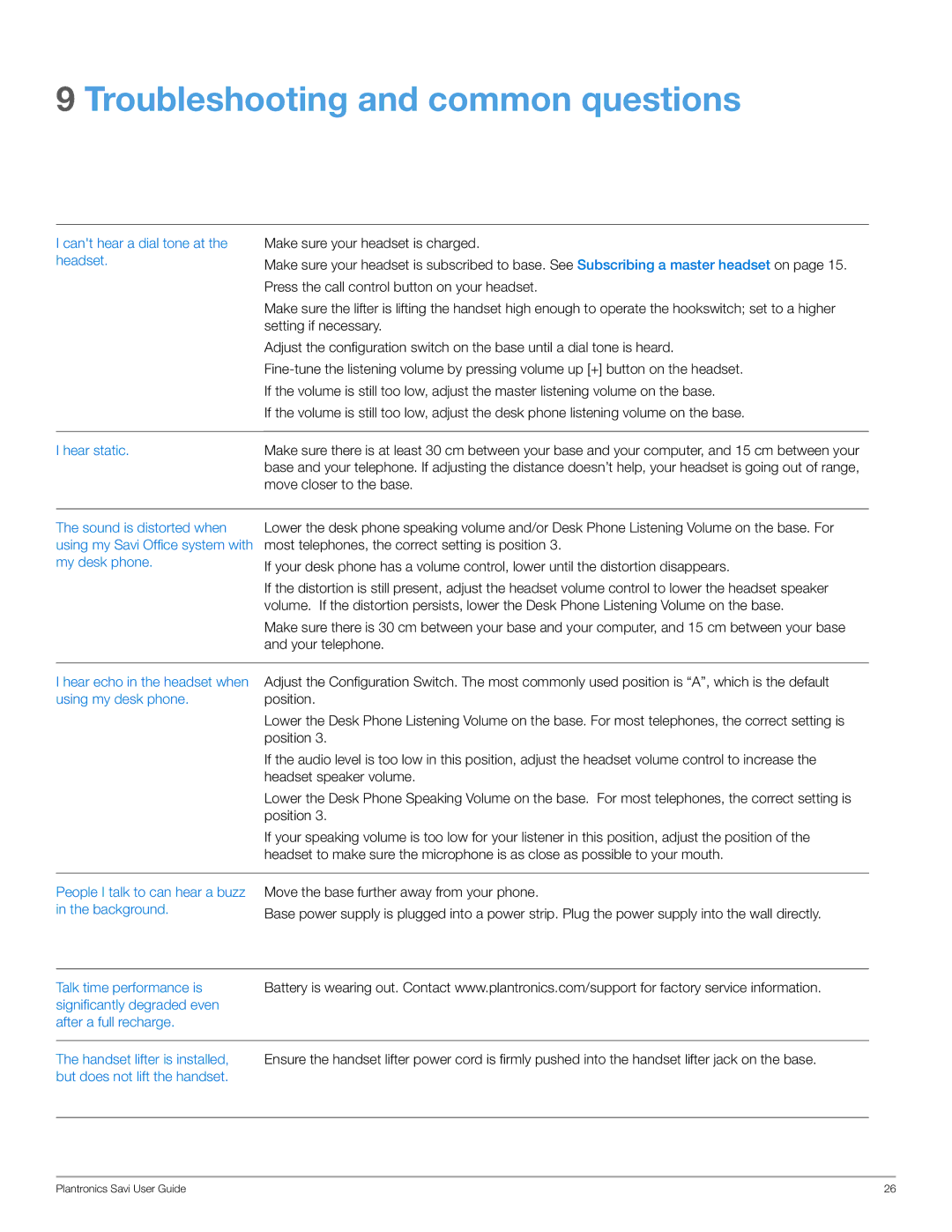 Plantronics WO200 manual Troubleshooting and common questions, Cant hear a dial tone at the headset Hear static 