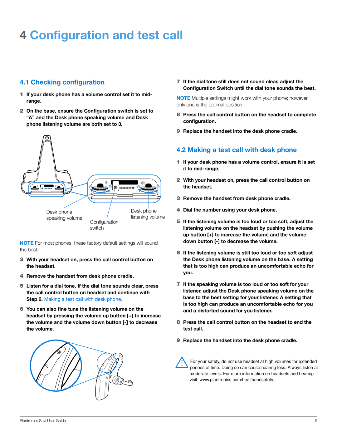 Plantronics WO200 manual Configuration and test call, Checking configuration, Making a test call with desk phone 