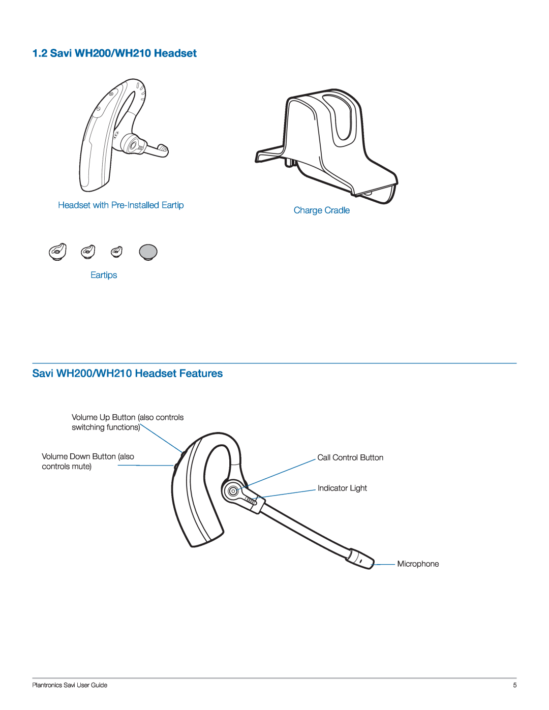 Plantronics WO200 manual Savi WH200/WH210 Headset Features, Headset with Pre-InstalledEartip, Charge Cradle, Eartips 
