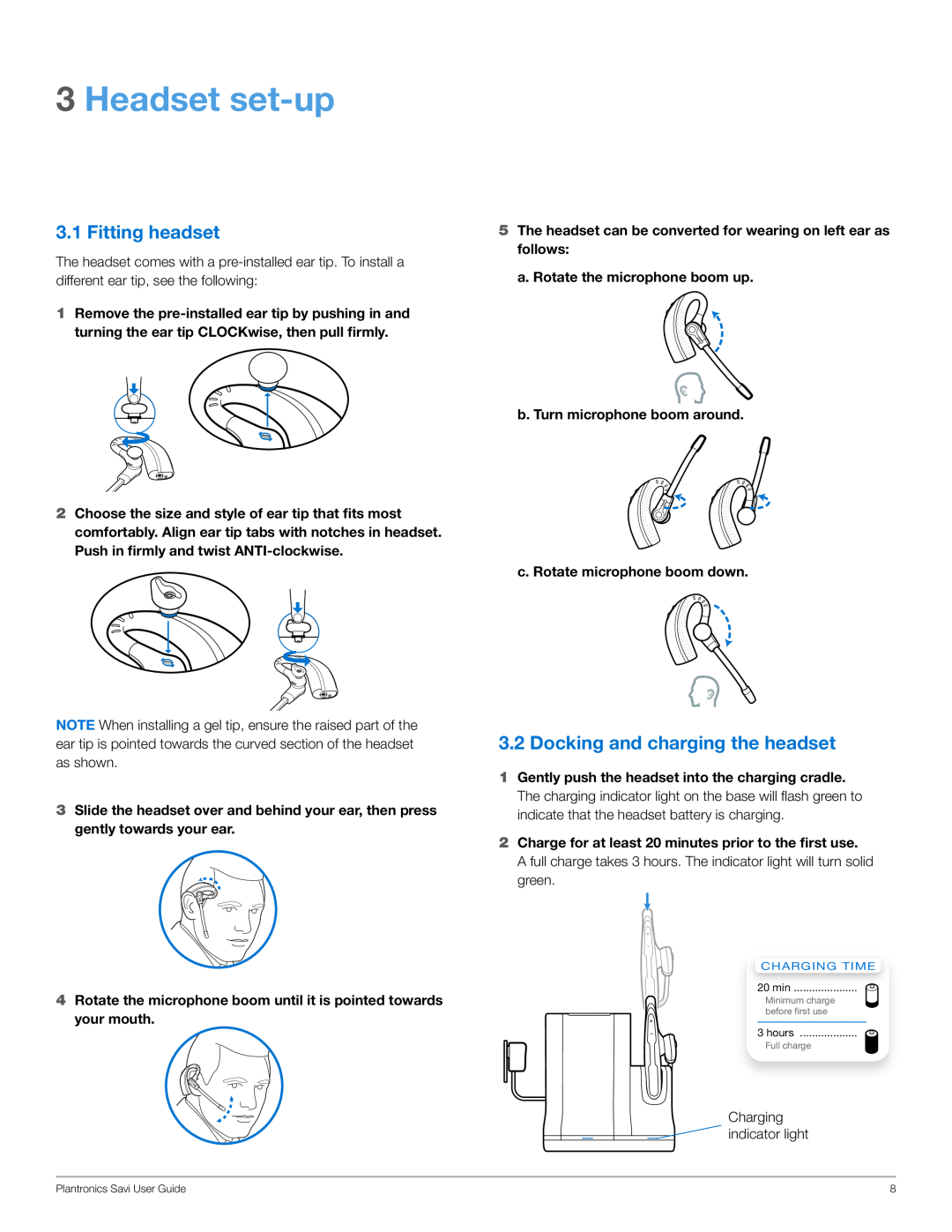Plantronics WO200 manual Headset set-up, Fitting headset, Docking and charging the headset 