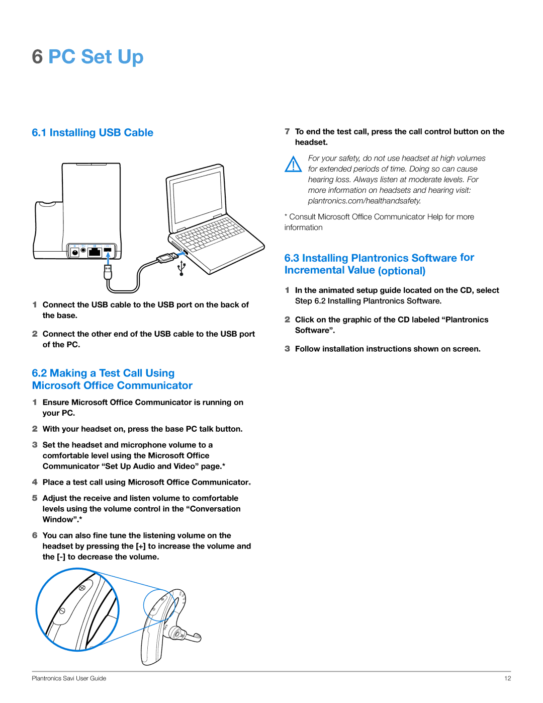 Plantronics WO201, HL10 manual PC Set Up, Installing USB Cable, Making a Test Call Using Microsoft Office Communicator 