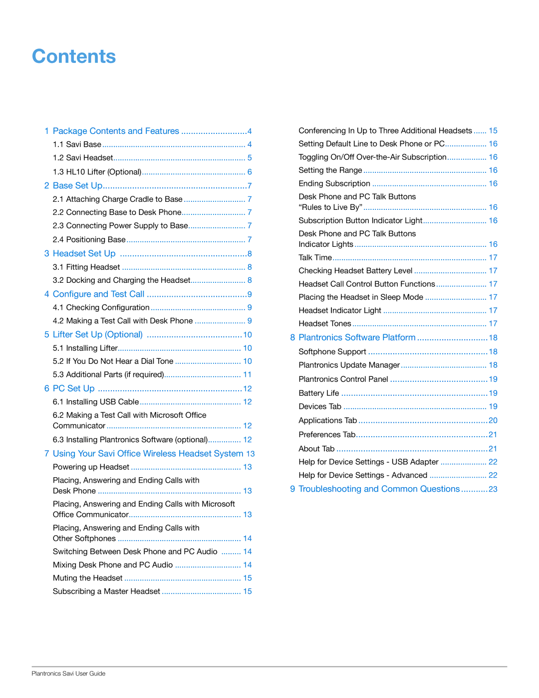 Plantronics HL10, WO201 manual Contents 