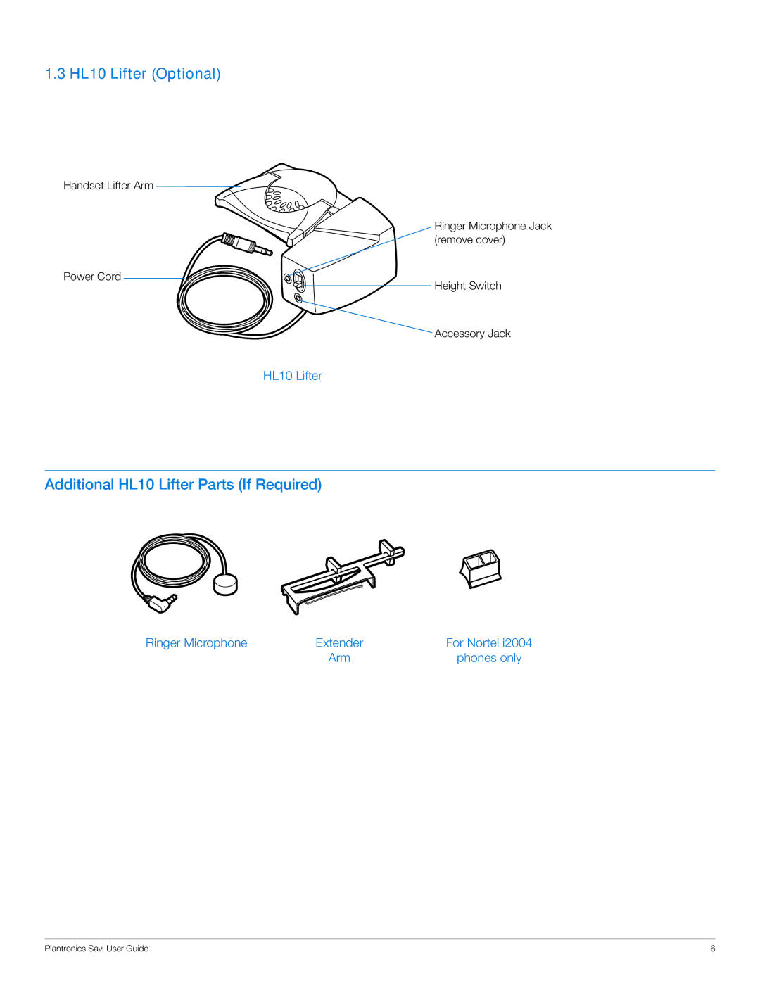 Plantronics WO201 manual HL10 Lifter Optional 