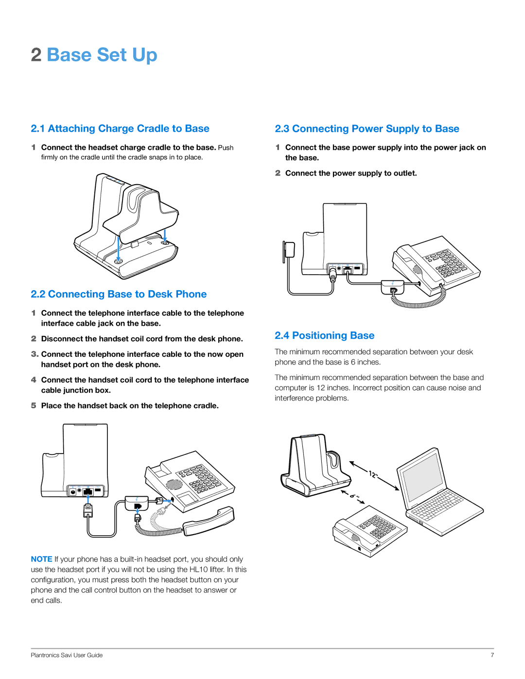 Plantronics HL10, WO201 manual Base Set Up, Attaching Charge Cradle to Base, Connecting Base to Desk Phone, Positioning Base 