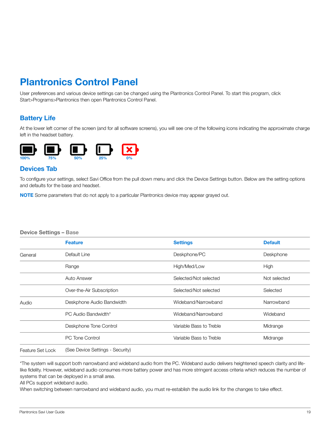 Plantronics HL10, WO201 manual Battery Life, Devices Tab, Device Settings – Base, Plantronics Control Panel 