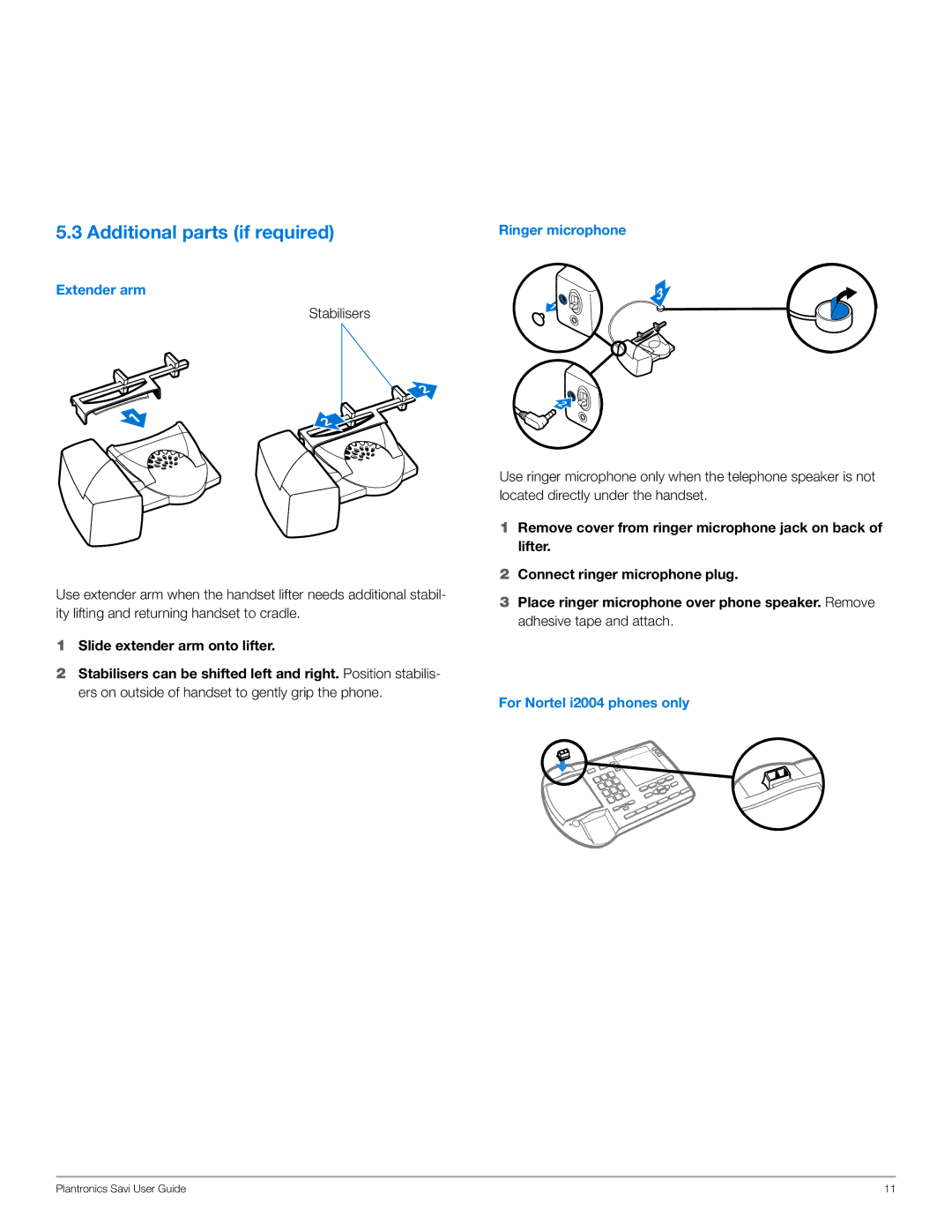 Plantronics WO300, WO350 manual Additional parts if required, Extender arm, Ringer microphone, For Nortel i2004 phones only 
