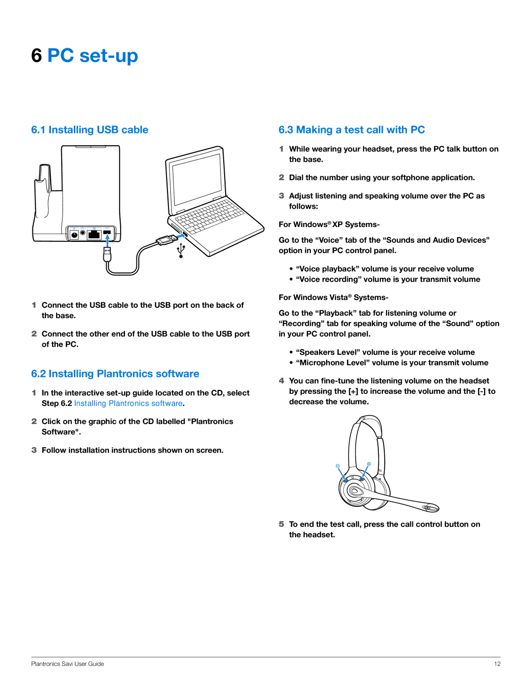 Plantronics WO350, WO300 manual PC set-up, Installing USB cable, Installing Plantronics software, Making a test call with PC 