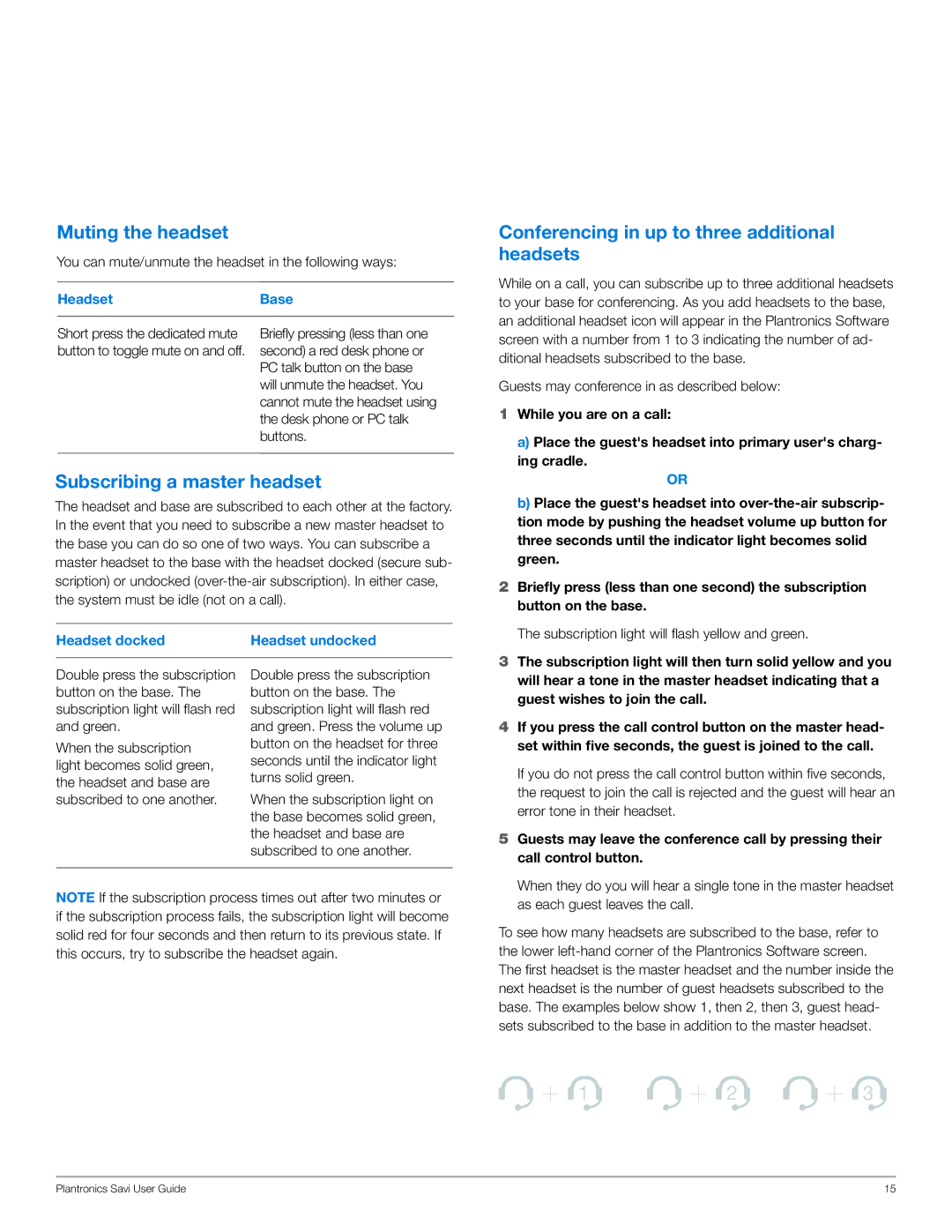 Plantronics WO300, WO350 Muting the headset, Conferencing in up to three additional headsets, Subscribing a master headset 