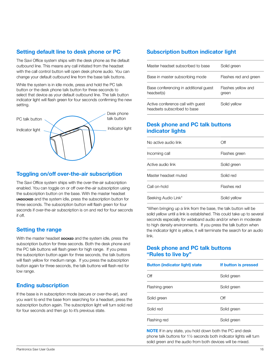 Plantronics WO350 Setting default line to desk phone or PC, Toggling on/off over-the-air subscription, Setting the range 