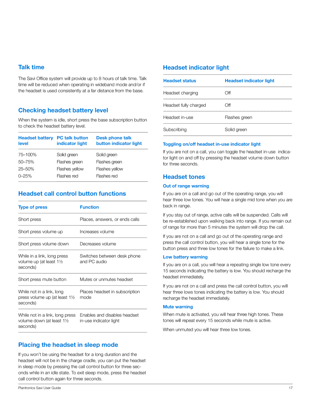 Plantronics WO300, WO350 Talk time, Checking headset battery level, Headset call control button functions, Headset tones 