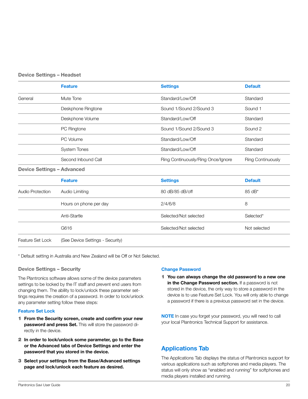 Plantronics WO350, WO300 manual Applications Tab, Feature Set Lock, Change Password 