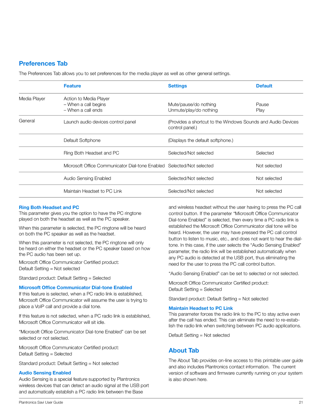 Plantronics WO300, WO350 manual Preferences Tab, About Tab 