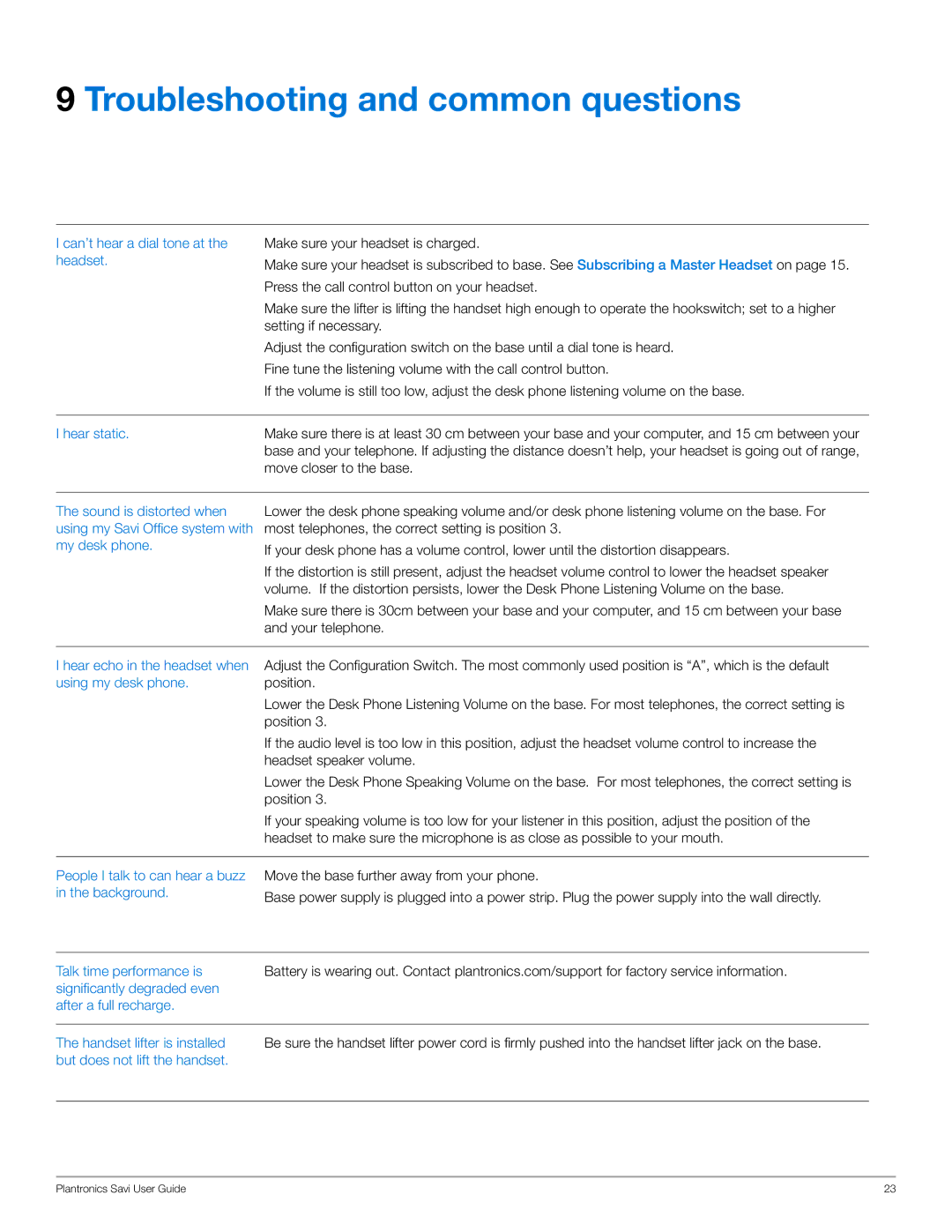 Plantronics WO300, WO350 manual Troubleshooting and common questions, Can’t hear a dial tone at the headset Hear static 