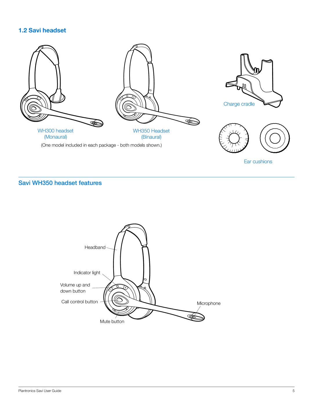 Plantronics WO300, WO350 manual Savi headset, Savi WH350 headset features 