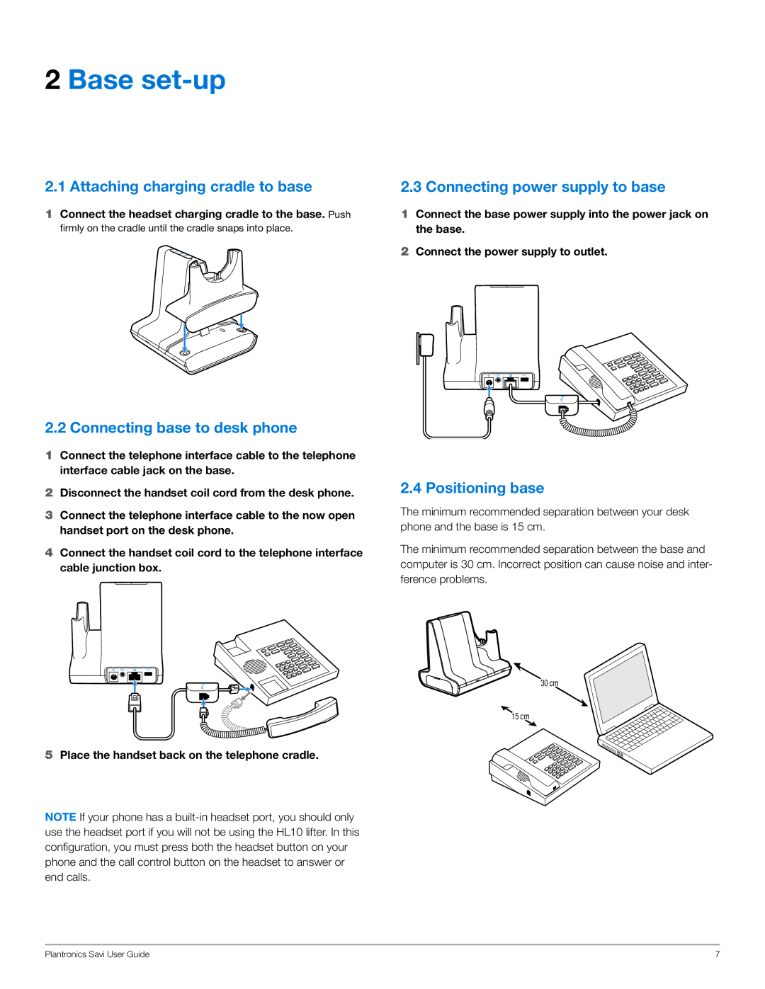 Plantronics WO300, WO350 Base set-up, Attaching charging cradle to base, Connecting base to desk phone, Positioning base 