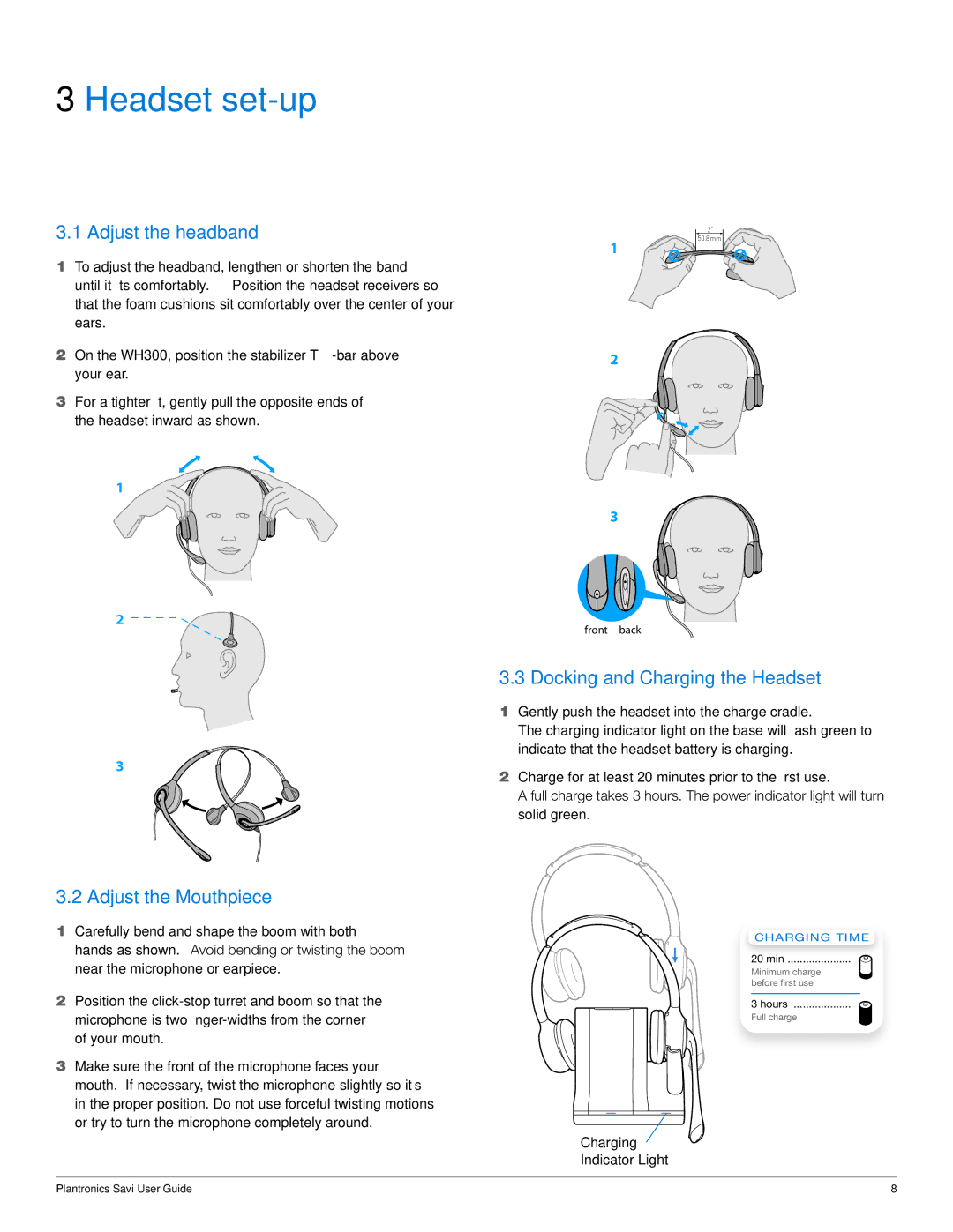 Plantronics WO350, WO300 manual Headset set-up, Adjust the headband, Adjust the Mouthpiece, Docking and Charging the Headset 