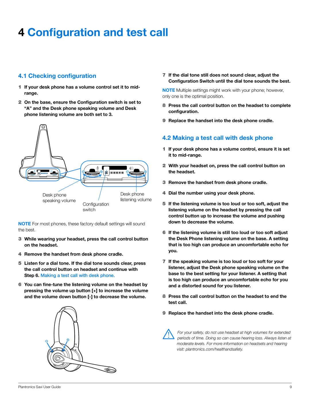 Plantronics WO300, WO350 manual Configuration and test call, Checking configuration, Making a test call with desk phone 