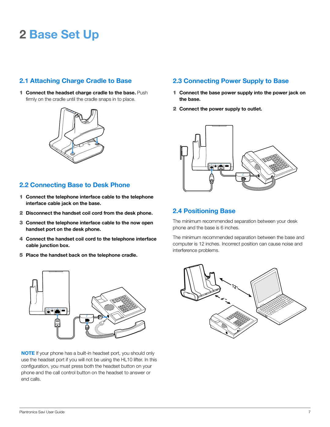 Plantronics WO300, WO350 Base Set Up, Attaching Charge Cradle to Base, Connecting Base to Desk Phone, Positioning Base 