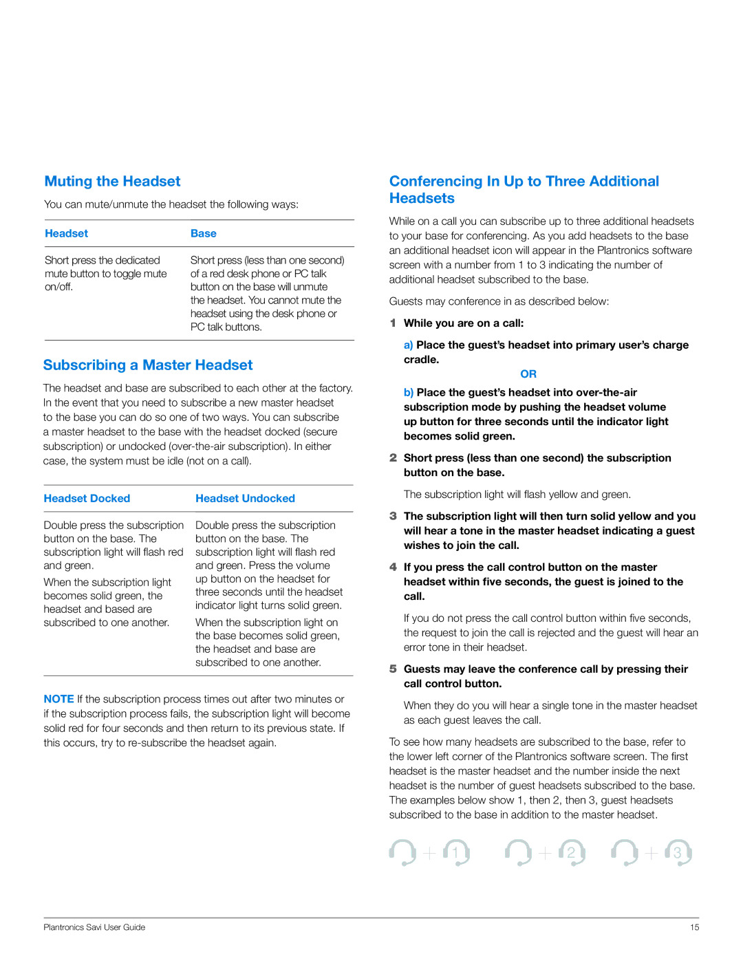 Plantronics WO350 manual Muting the Headset, Conferencing In Up to Three Additional Headsets, Subscribing a Master Headset 