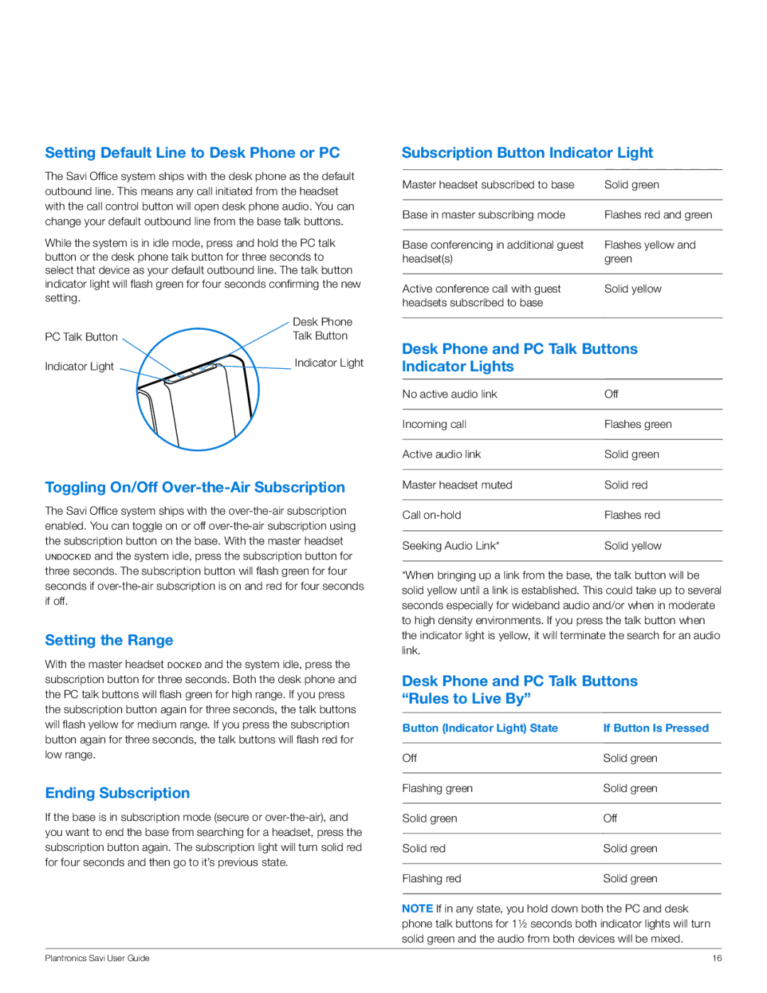 Plantronics WO350 Setting Default Line to Desk Phone or PC, Toggling On/Off Over-the-Air Subscription, Setting the Range 