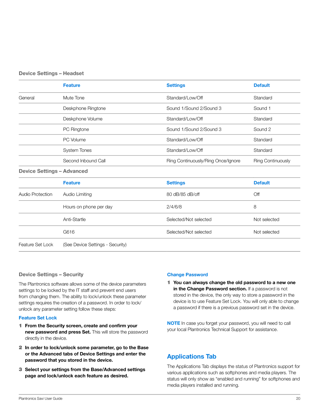 Plantronics WO350 manual Applications Tab, Feature Set Lock, Change Password 