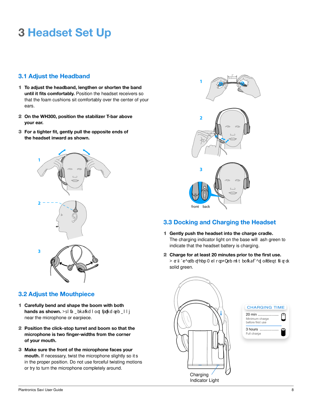 Plantronics WO350 manual Headset Set Up, Adjust the Headband, Adjust the Mouthpiece, Docking and Charging the Headset 