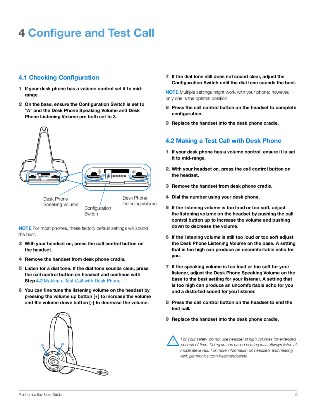 Plantronics WO350 manual Configure and Test Call, Checking Configuration, Making a Test Call with Desk Phone 