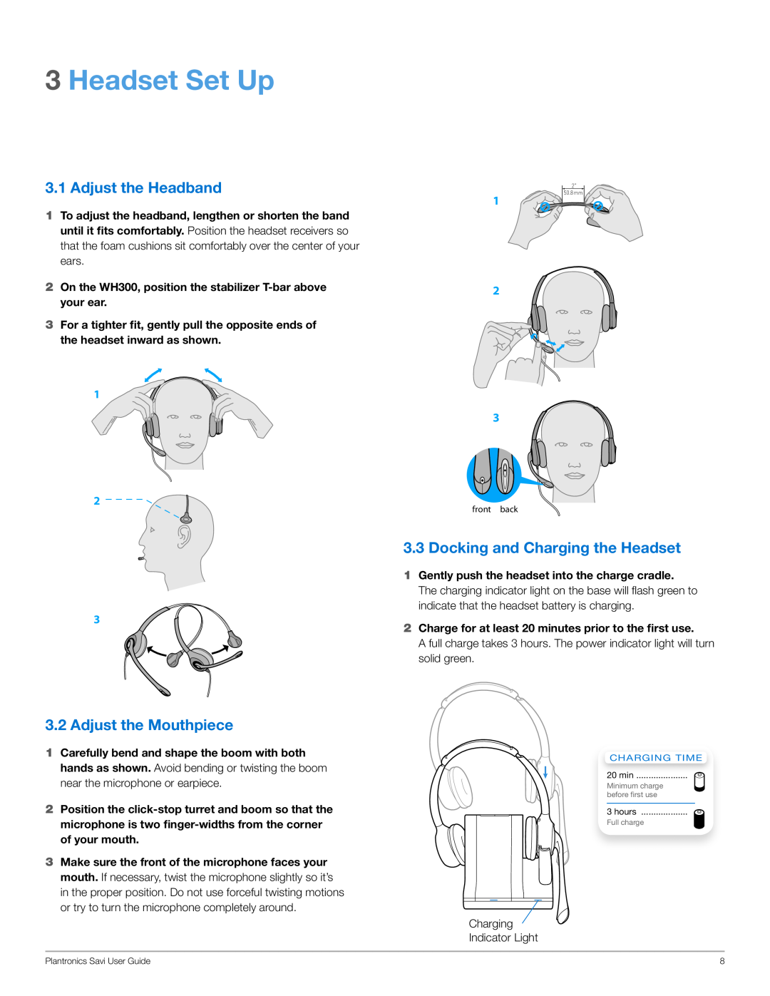 Plantronics WO350 manual Headset Set Up, Adjust the Headband, 3.2Adjust the Mouthpiece, Docking and Charging the Headset 