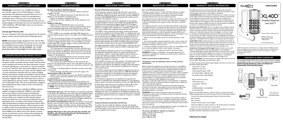 Plantronics XL40D Amplified Telephone With DCP, Introduction to Claritylogic, Warranty Service Information 