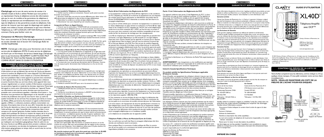 Plantronics XL40D Introduction à ClarityLogic, Dépannage Réglements DU FCC Garantie ET Service, Imprimé EN Chine 