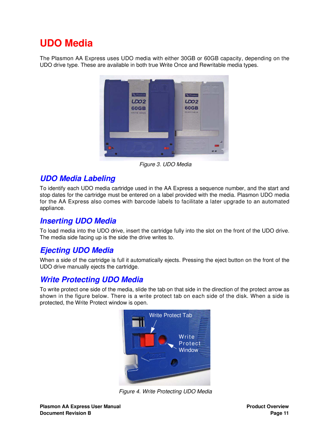 Plasmon 800-102913-00 B UDO Media Labeling, Inserting UDO Media, Ejecting UDO Media, Write Protecting UDO Media 