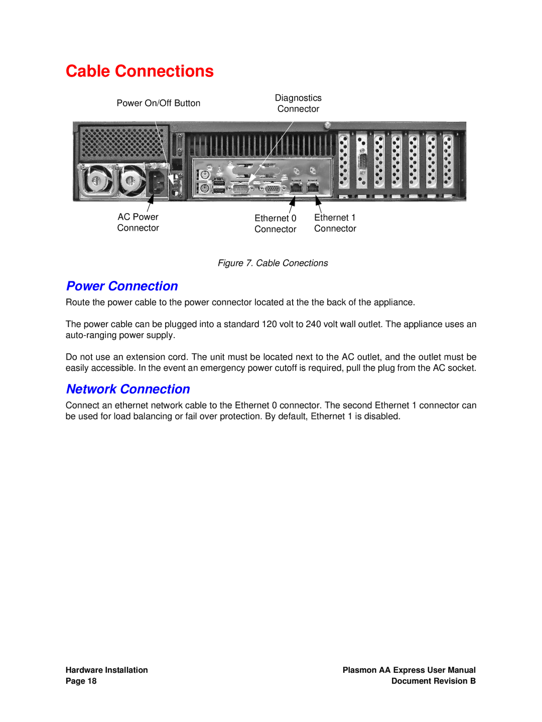 Plasmon 800-102913-00 B user manual Cable Connections, Power Connection, Network Connection 