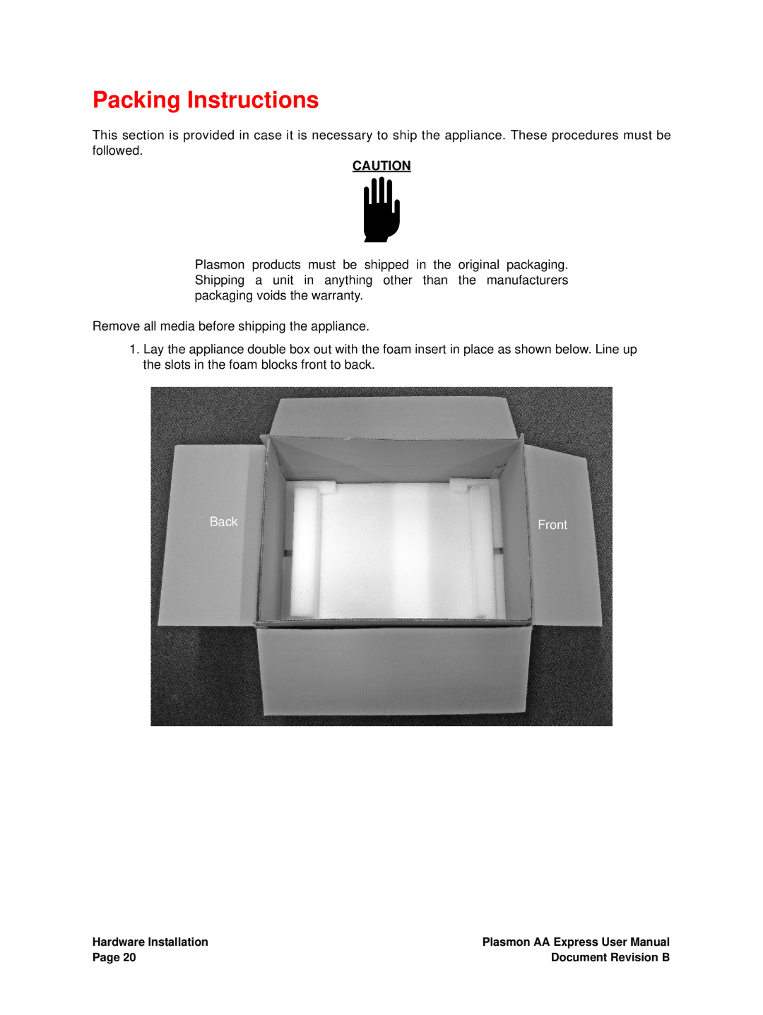 Plasmon 800-102913-00 B user manual Packing Instructions, Back Front 