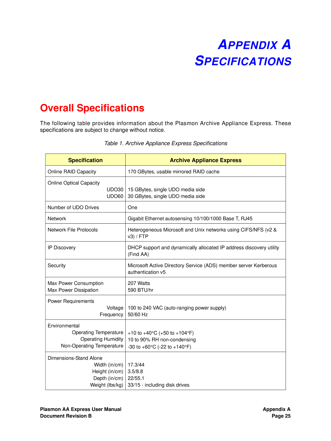 Plasmon 800-102913-00 B user manual Appendix a Specifications, Overall Specifications 