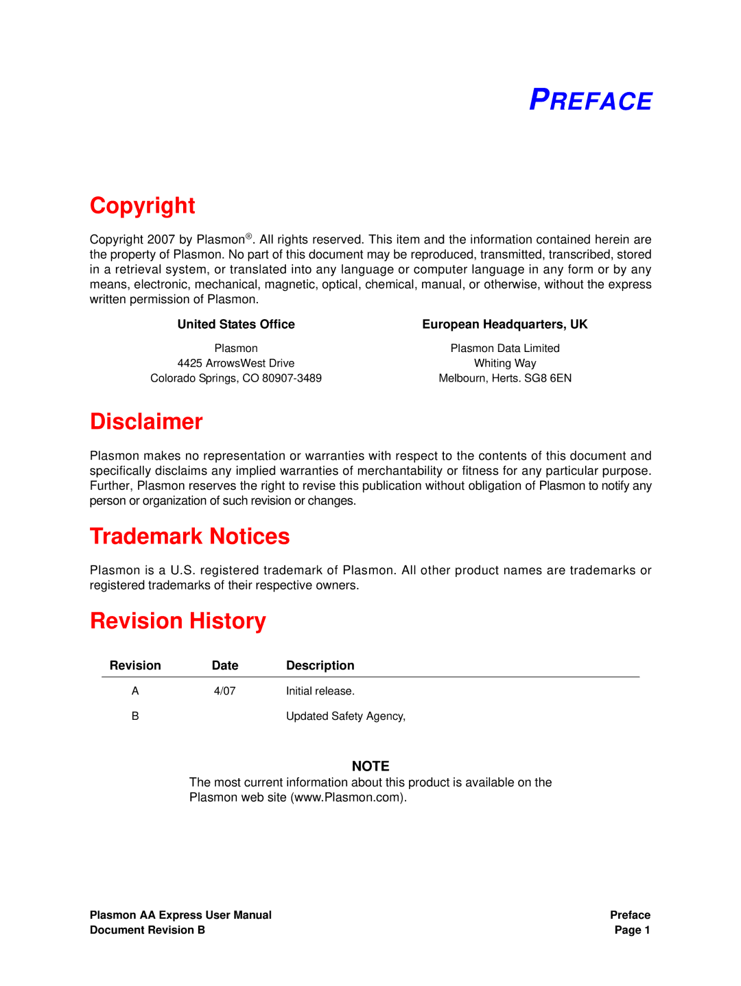 Plasmon 800-102913-00 B user manual Preface, Copyright, Disclaimer, Trademark Notices, Revision History 