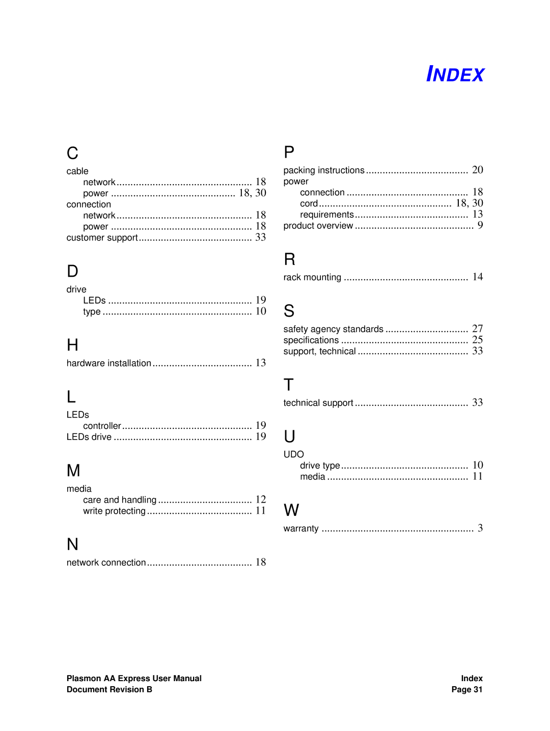 Plasmon 800-102913-00 B user manual Index, Power 