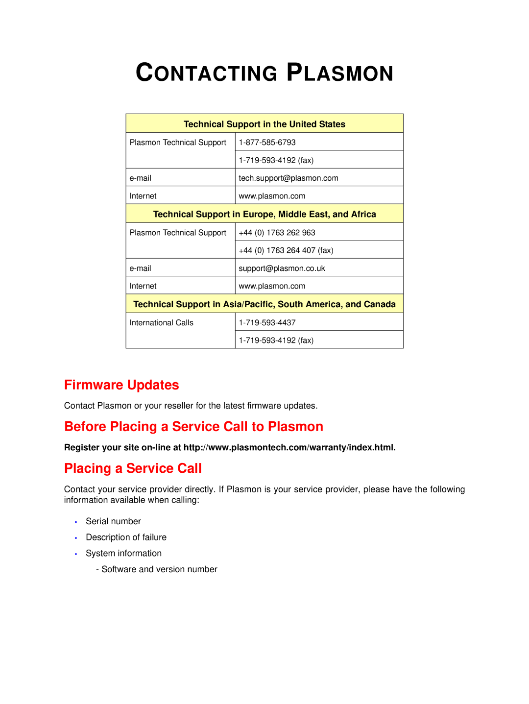 Plasmon 800-102913-00 B user manual Contacting Plasmon 