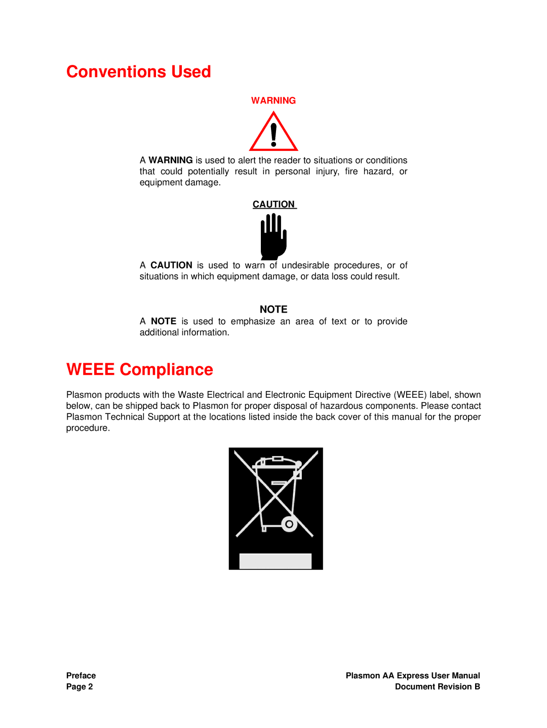 Plasmon 800-102913-00 B user manual Conventions Used Weee Compliance 