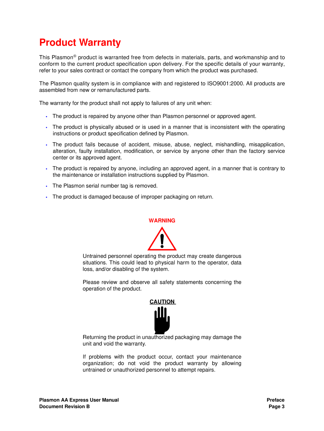 Plasmon 800-102913-00 B user manual Product Warranty 