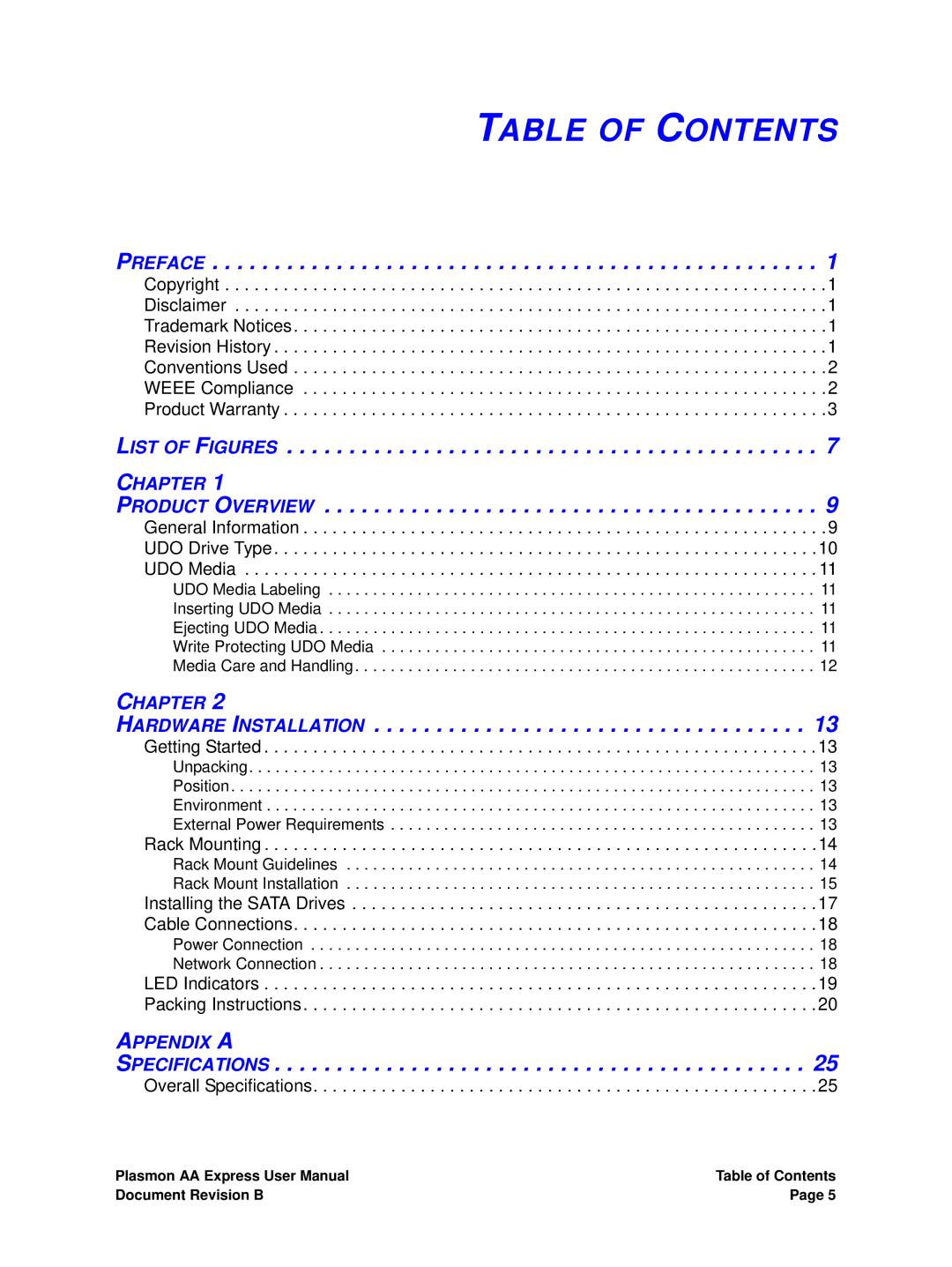 Plasmon 800-102913-00 B user manual Table of Contents 