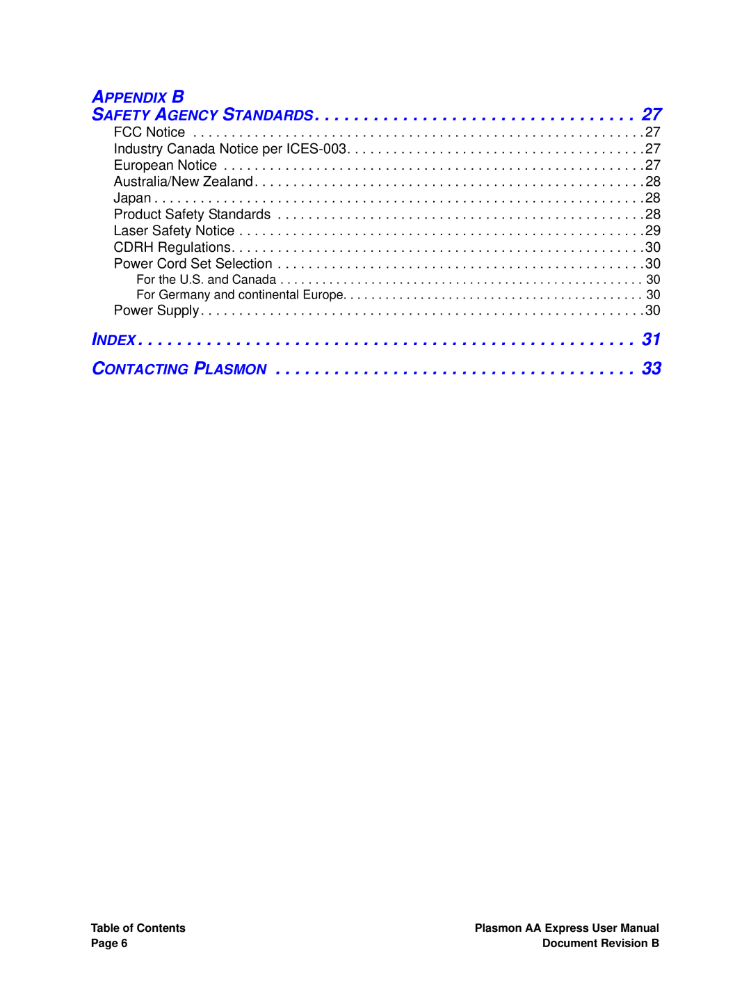 Plasmon 800-102913-00 B user manual Safety Agency Standards, Index Contacting Plasmon 