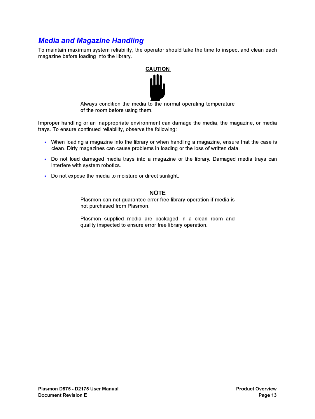 Plasmon D875, D2175 user manual Media and Magazine Handling 