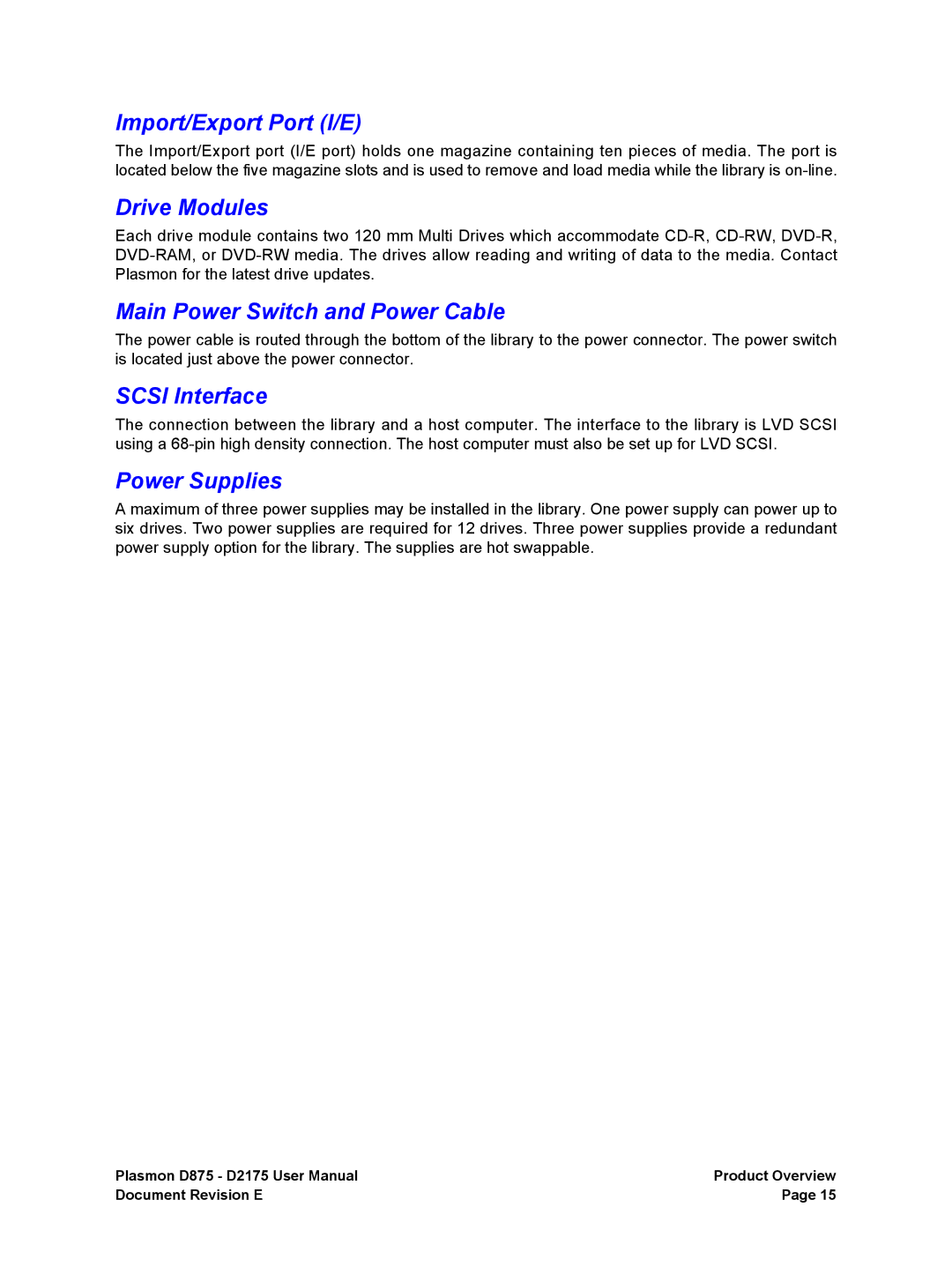 Plasmon D875 Import/Export Port I/E, Drive Modules, Main Power Switch and Power Cable, Scsi Interface, Power Supplies 
