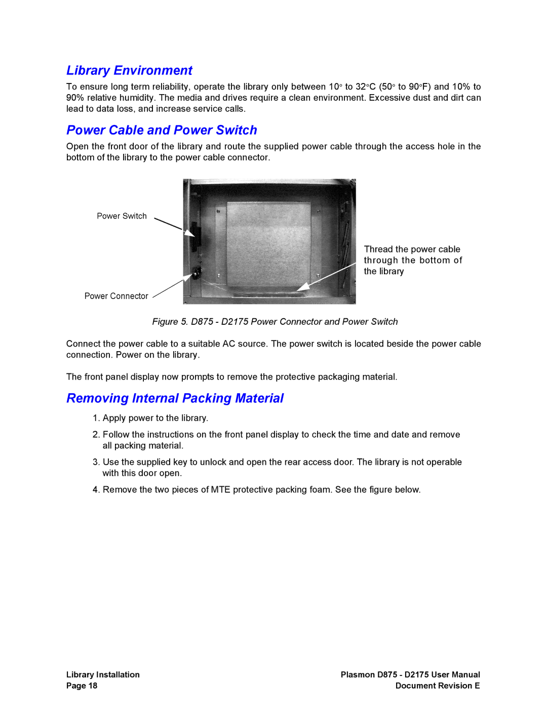 Plasmon D2175, D875 user manual Library Environment, Power Cable and Power Switch, Removing Internal Packing Material 