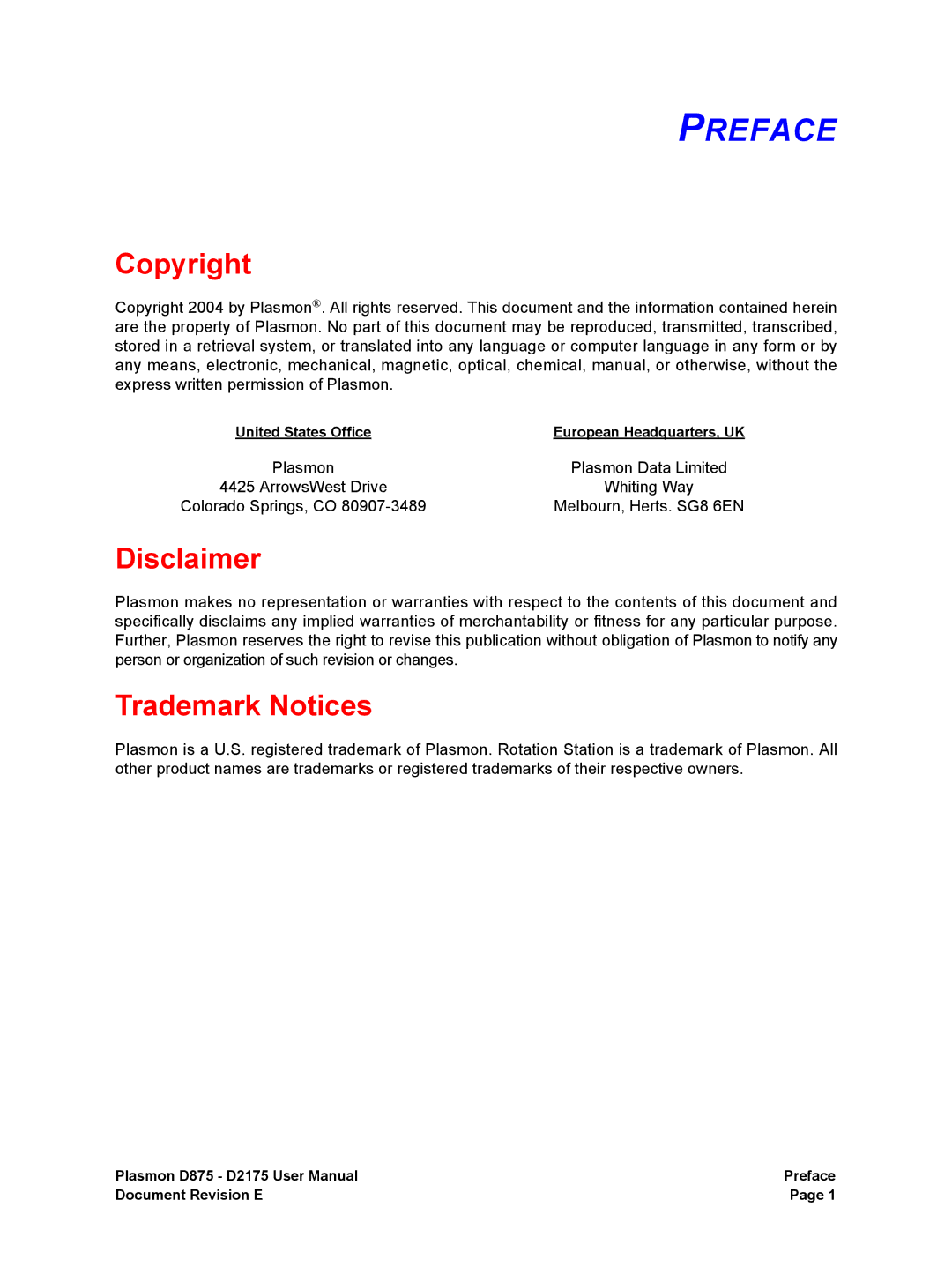 Plasmon D875, D2175 user manual Preface, Copyright, Disclaimer, Trademark Notices 