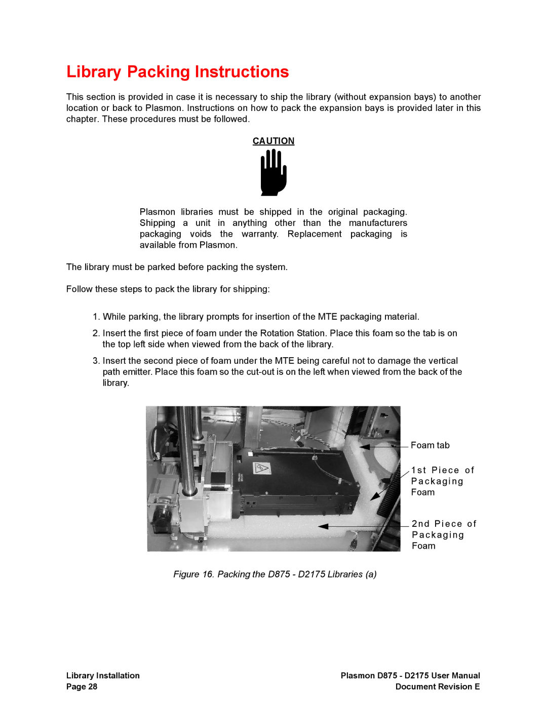 Plasmon user manual Library Packing Instructions, Packing the D875 D2175 Libraries a 