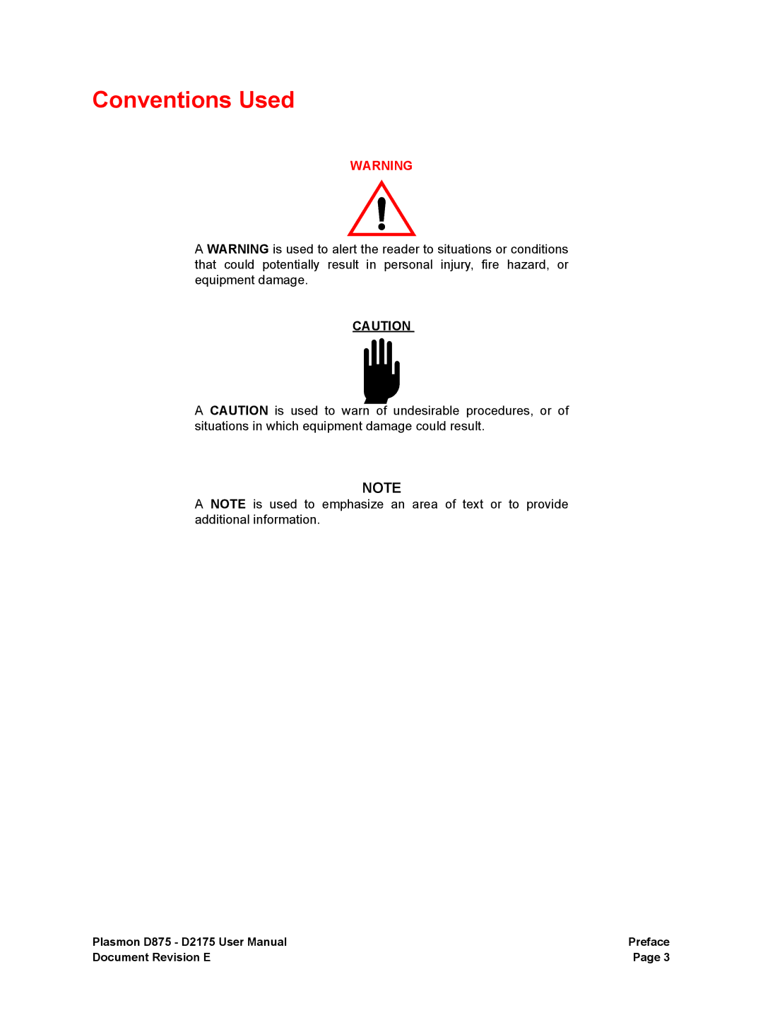 Plasmon D875, D2175 user manual Conventions Used 