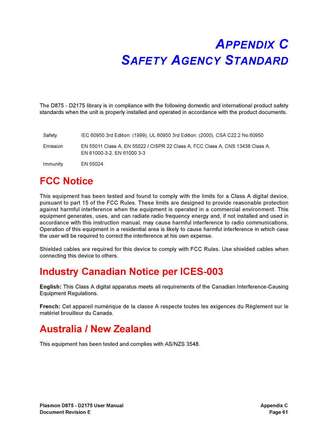 Plasmon D875 Appendix C Safety Agency Standard, FCC Notice, Industry Canadian Notice per ICES-003, Australia / New Zealand 